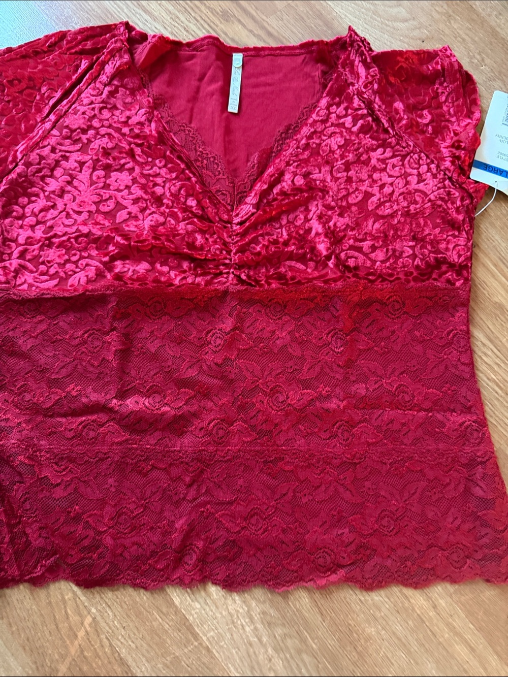 Leo & Nicole Red Lace and Velvet V-Neck Sleep Top